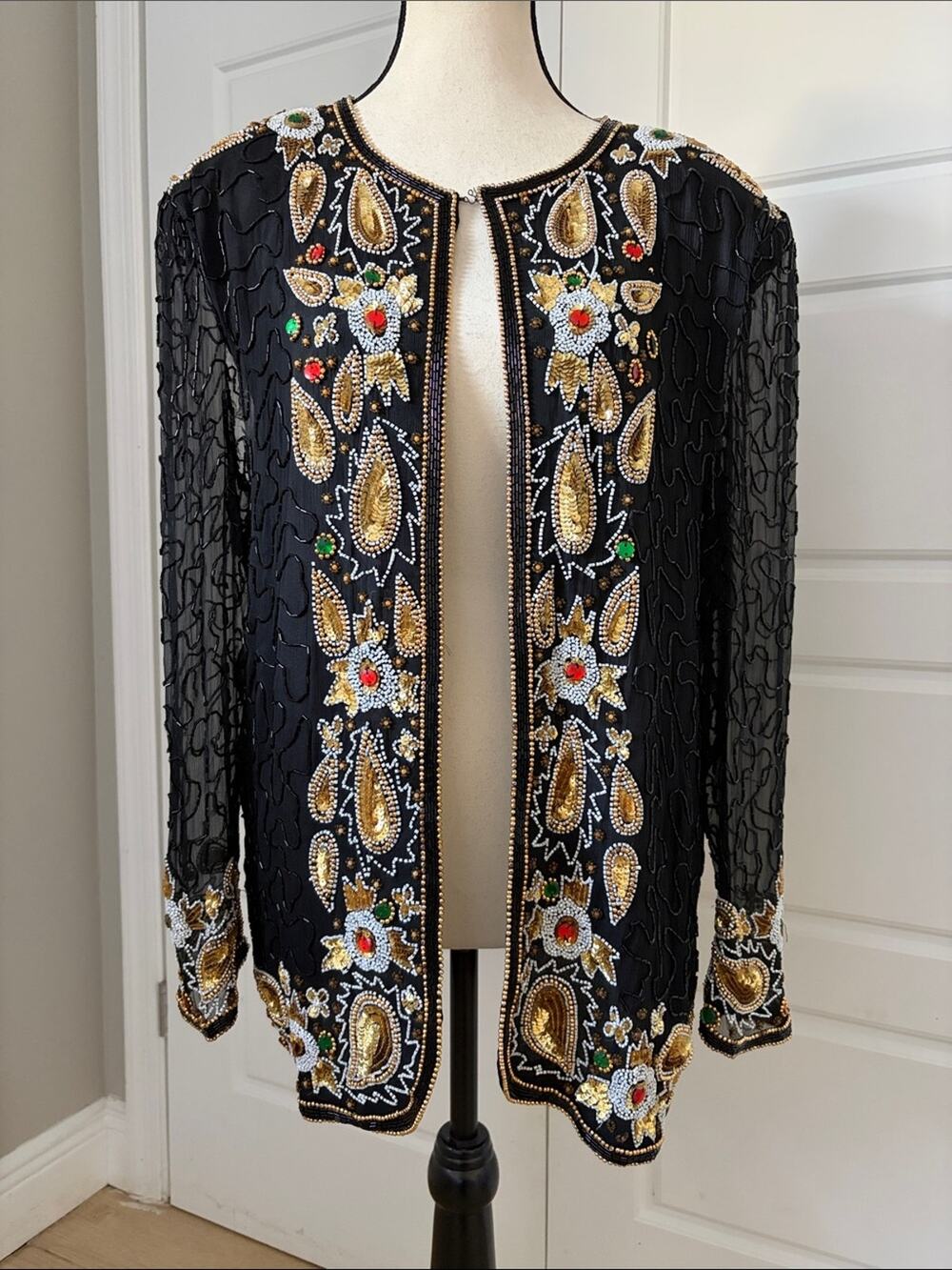 sweelo vintage beaded jacket FLAWS READ black gold geometric paisley silk 10-12